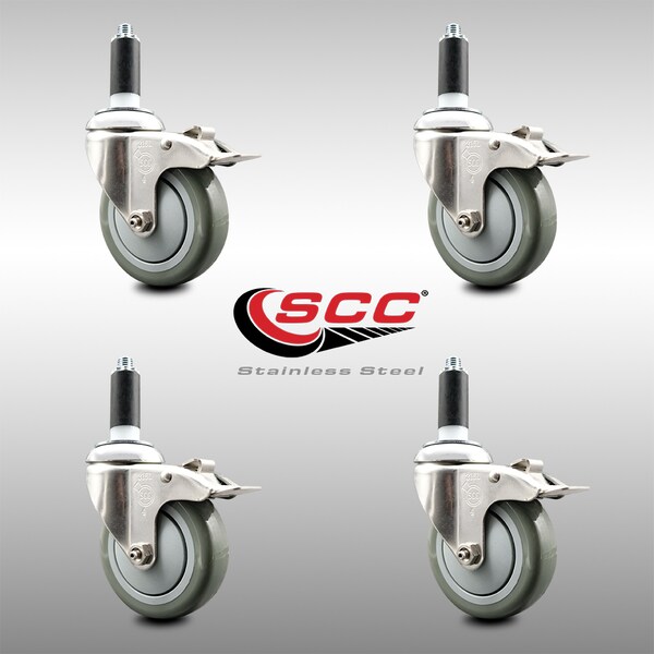 Service Caster 4 Inch 316SS Gray Poly Swivel 1-1/8 Inch Expanding Stem Caster Set Lock Brake SCC-SS316TTLEX20S414-PPUB-118-4 - main